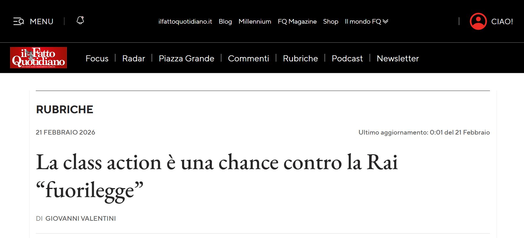 Articolo del Fatto quotidiano di Giovanni Valentini